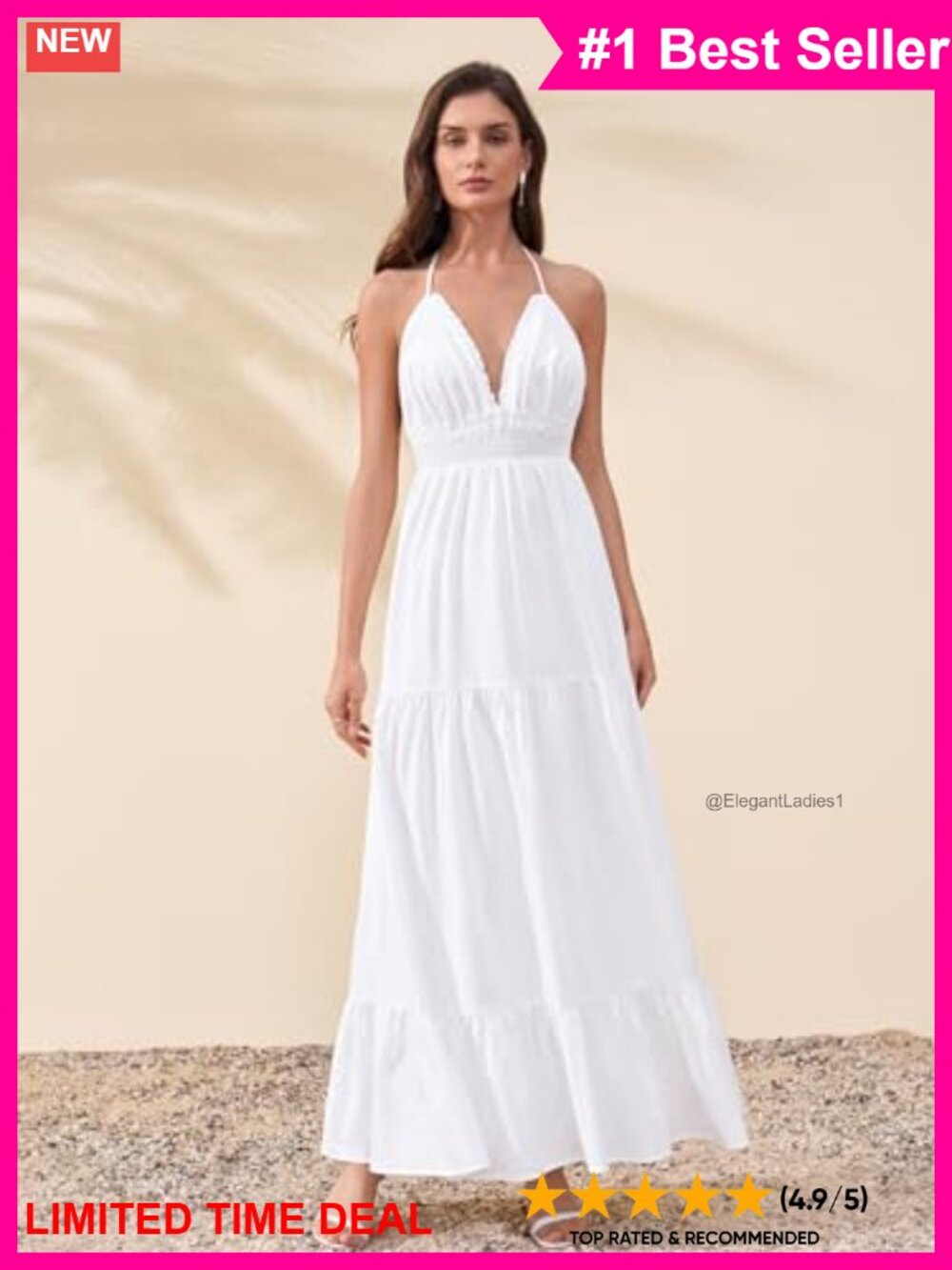 Floral Halter V Neck Ruffle Smocked Flowy Maxi Dress Boho Beach Sundress - Picture 4 of 5